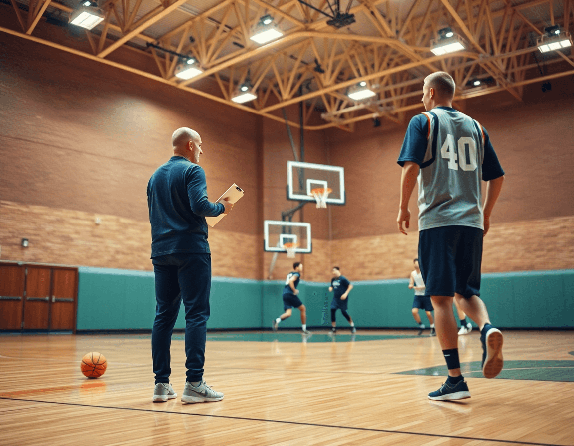 Vue d'ensemble d'un gymnase de basket entrainement homme montrant un entraîneur et des joueurs en action.