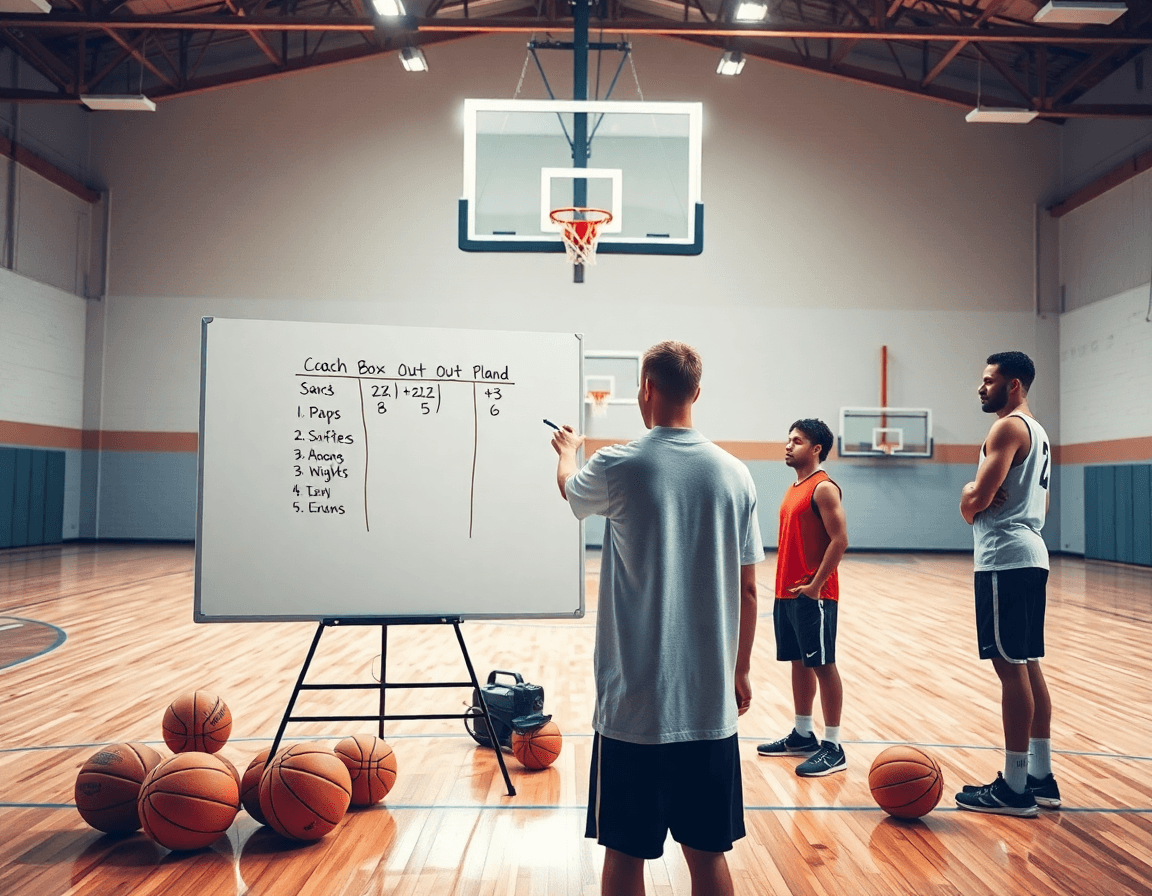 Plan de workflow autour du basket exercice box out, coach montre le planning hebdomadaire autour d'une table.
