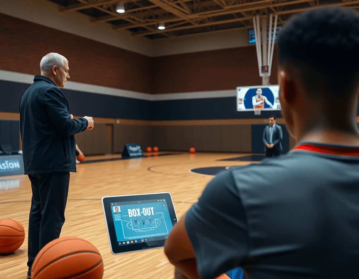 Analyse des box-outs avec clips basketball sur tablette, basket exercice box out présenté par le coach.