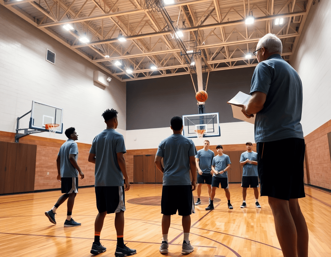 Vue générale d'un gymnase de basketball, coach avec tableau blanc guide le basket exercice box out.
