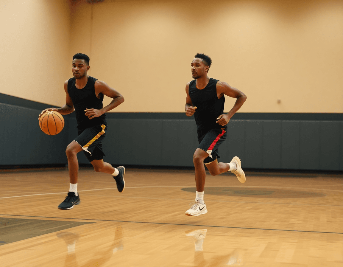 Players running a fast-break drill in practice