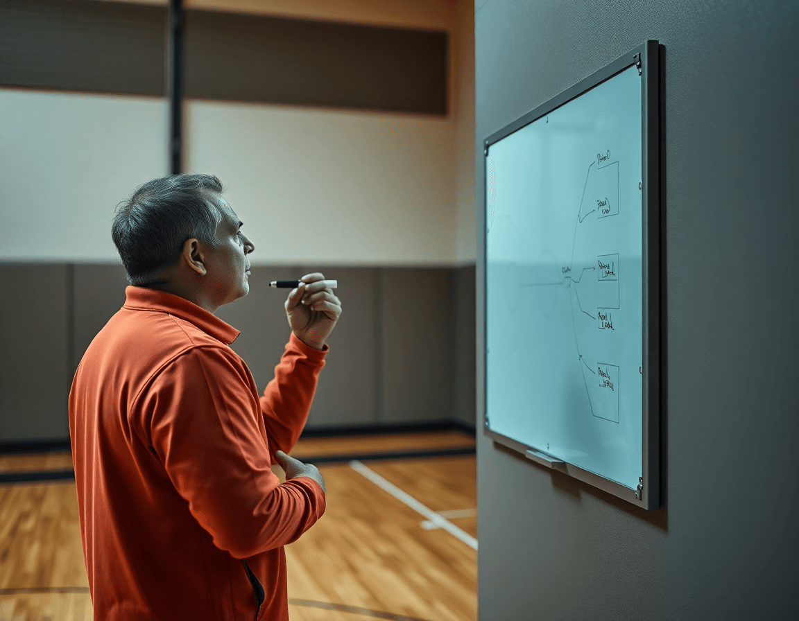 Coach explaining tactics on a gym whiteboard
