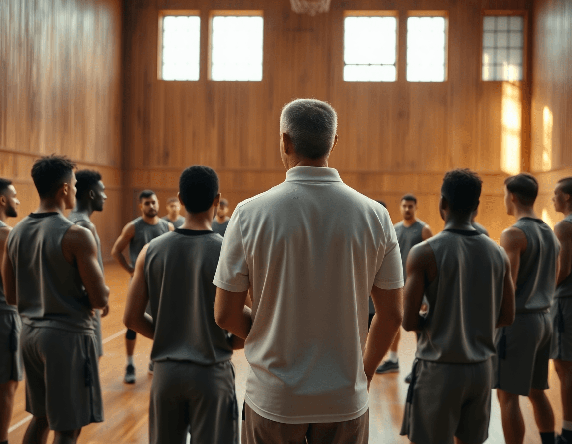 Basketball coach leading a team practice in a gym