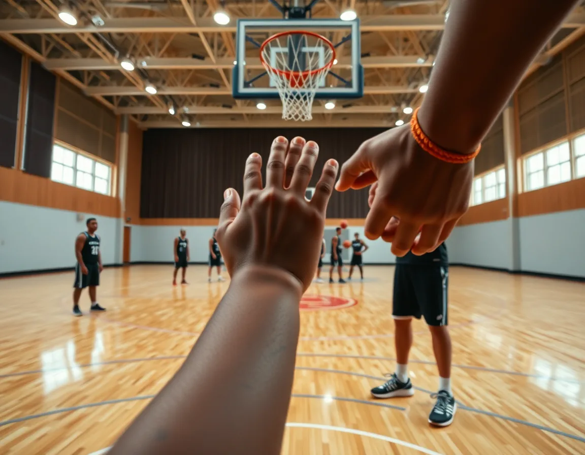 Close-up sur les mains tenant le ballon lors d'un tir basket technique.