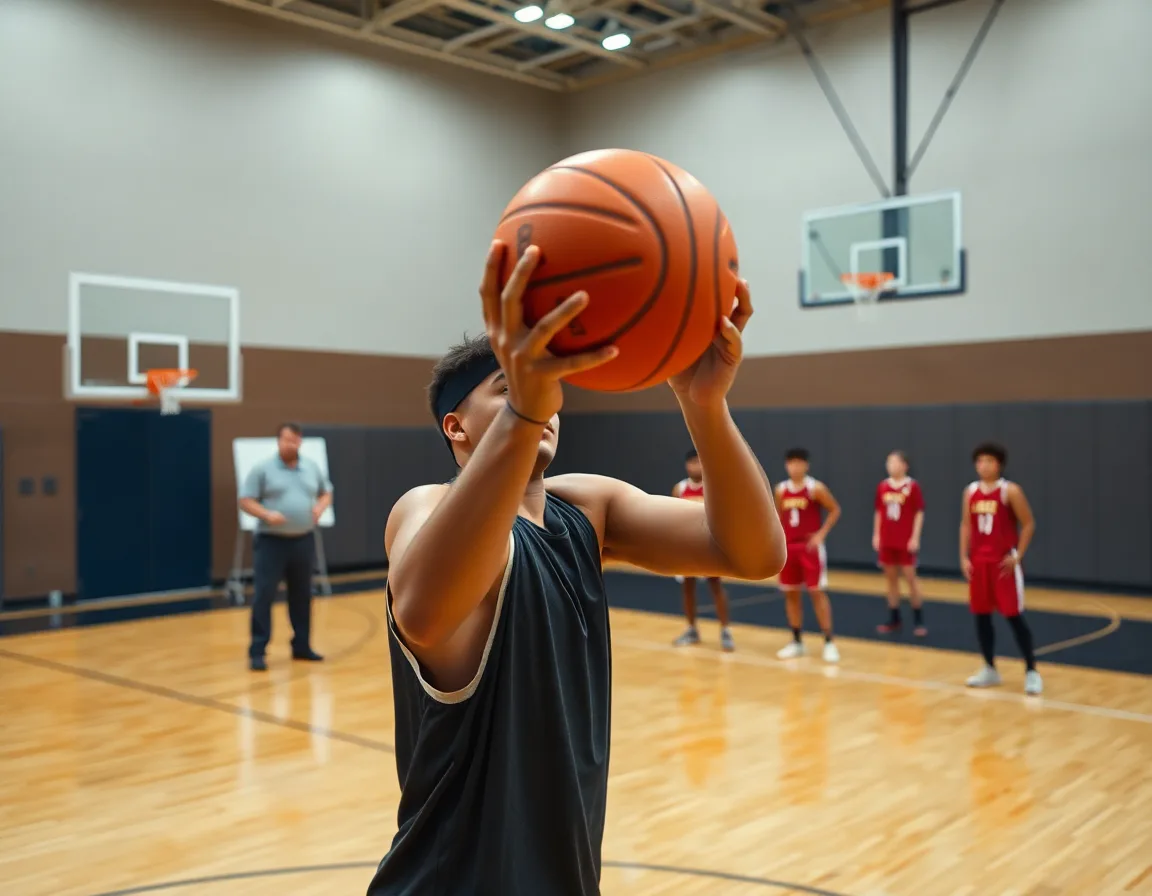 Plan serré sur le tir basket technique en action sur un terrain intérieur.
