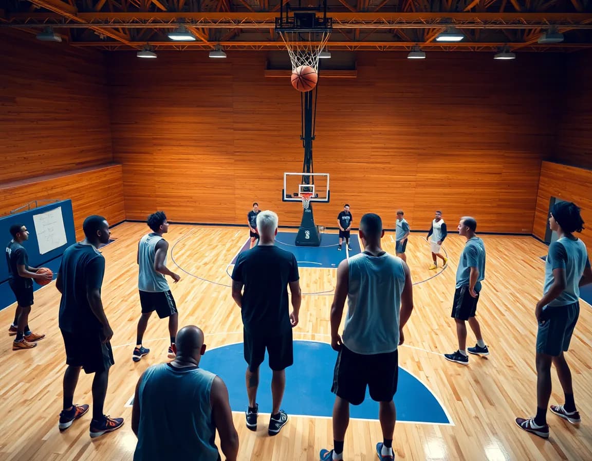 Coach en polo dirige les joueurs lors d'un exercice basket technique sur le parquet.