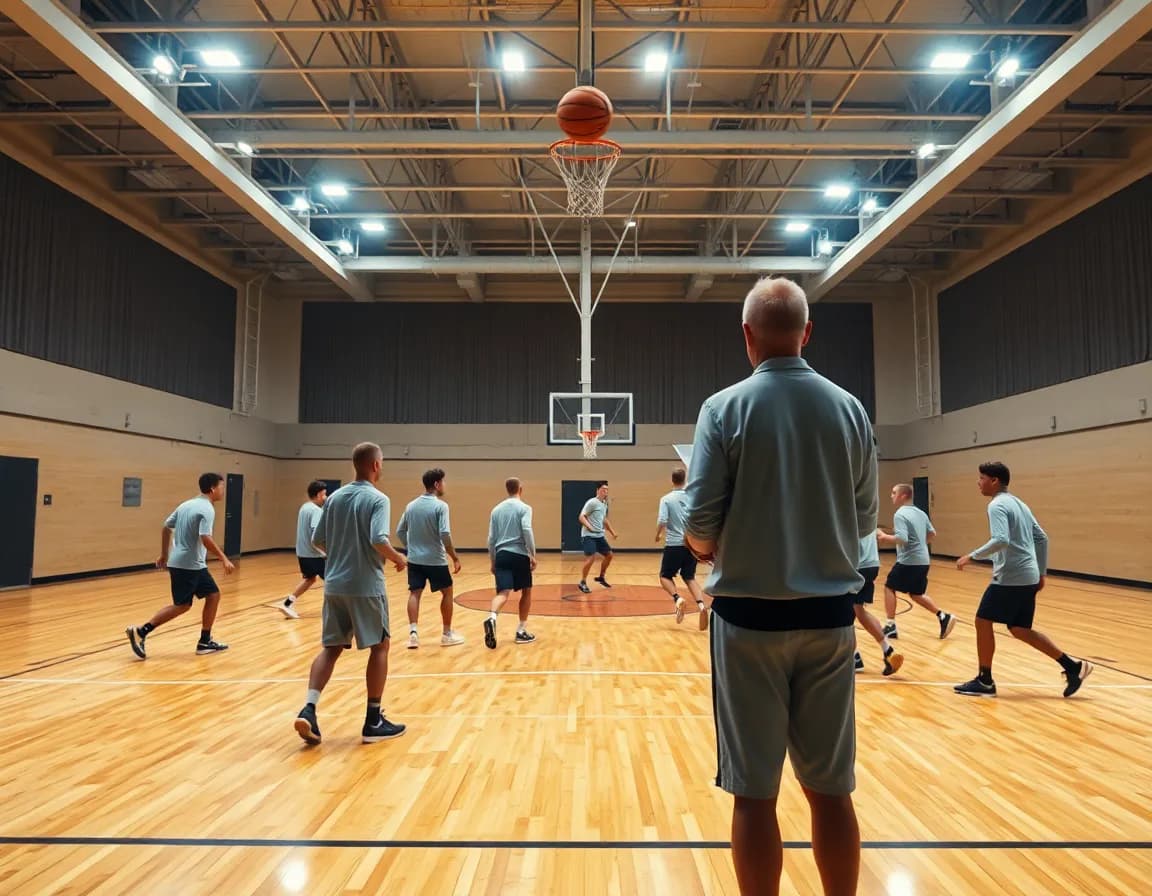 Plan large d'un entraînement de basket technique avec coach et joueurs sur le parquet.