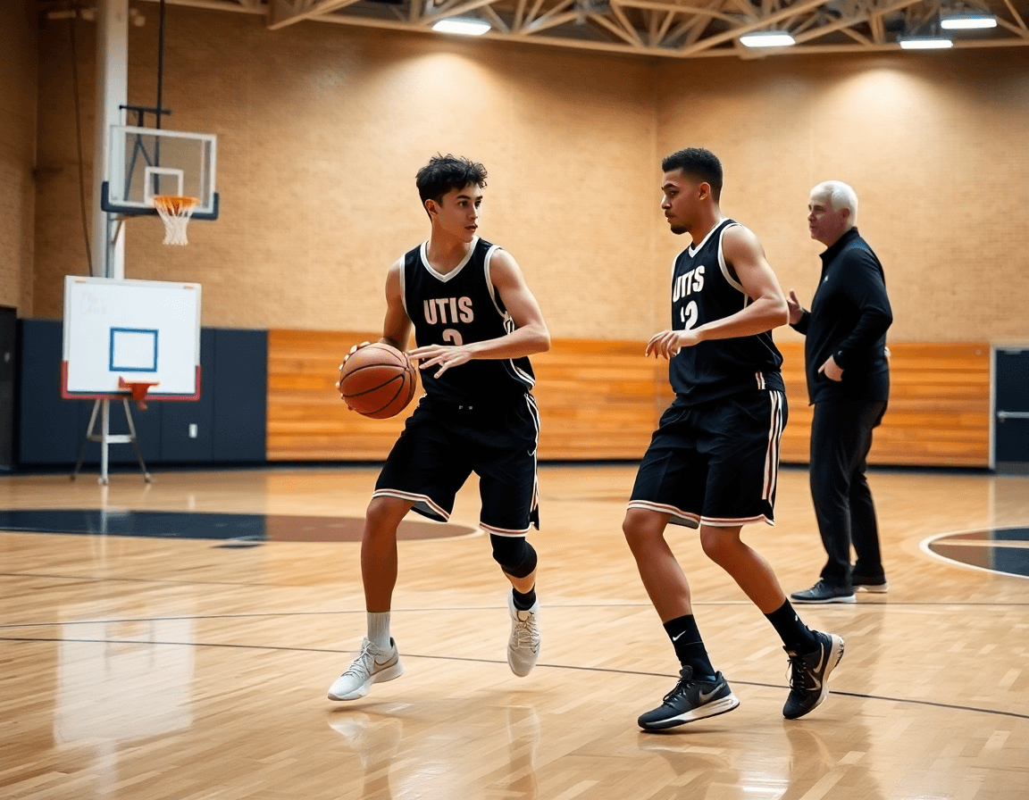 Plan serré sur le coach devant le tableau tactique, basketball et joueurs basket u15 concentrés.