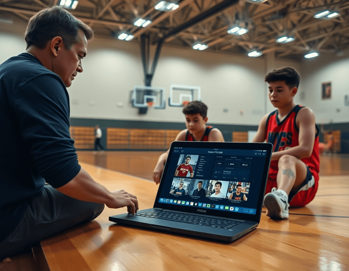 Plan rapproché sur l'écran montrant des clips basketball à un groupe de basket u15.
