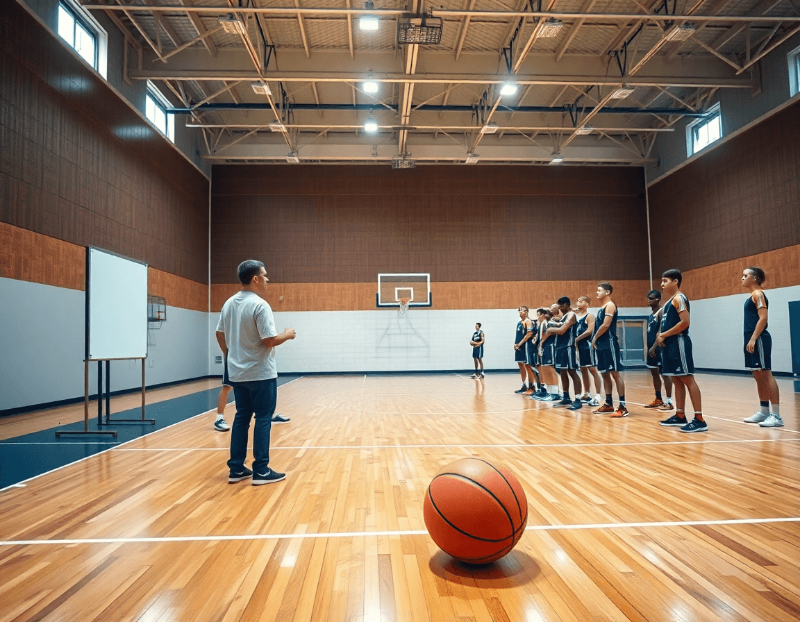 Basket u15 sur terrain intérieur, coach et équipe, basketball ambiance réaliste, joueurs en action.