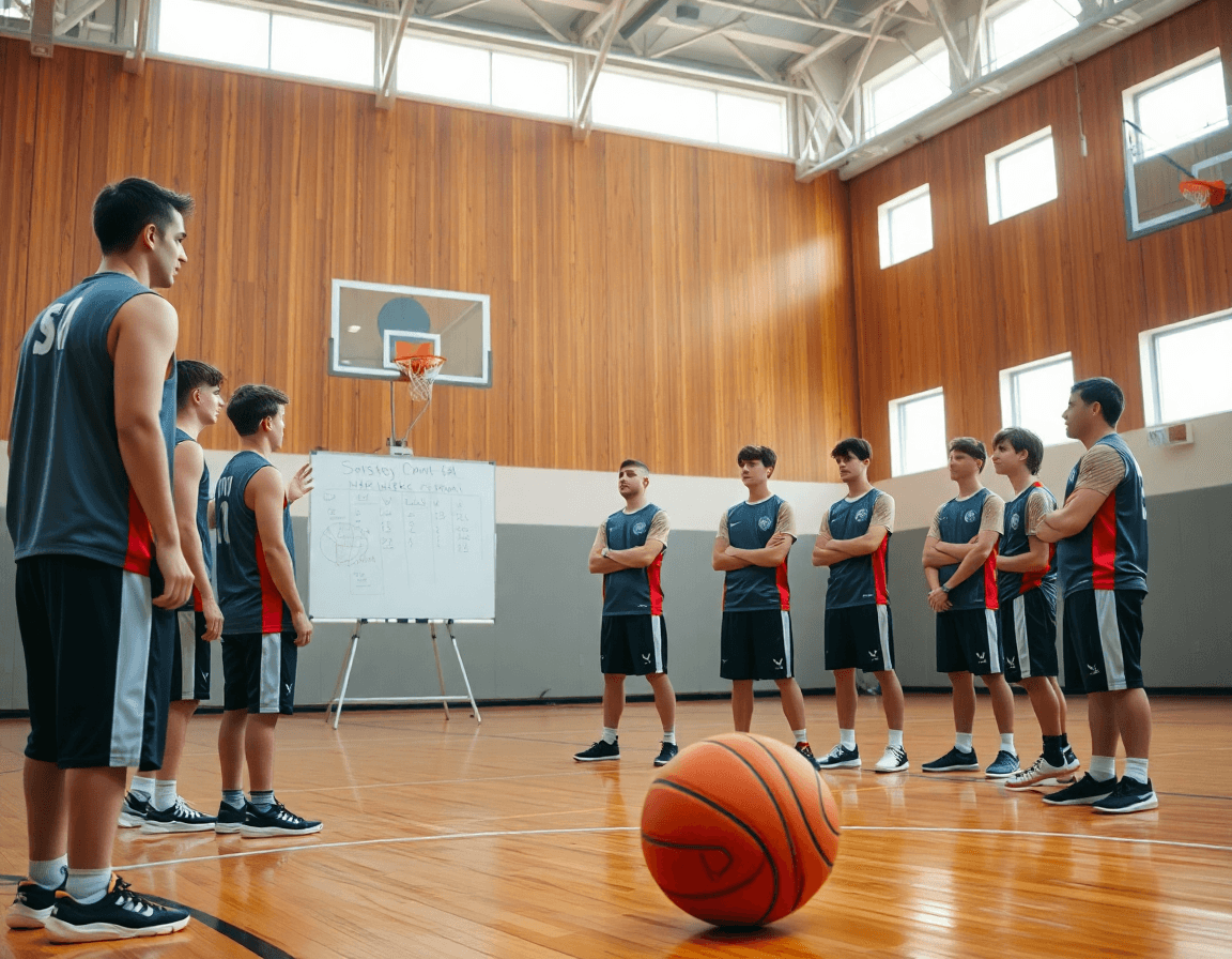 Plan de semaine pour le basket u17 coupe du monde sur un tableau, les joueurs attentifs.