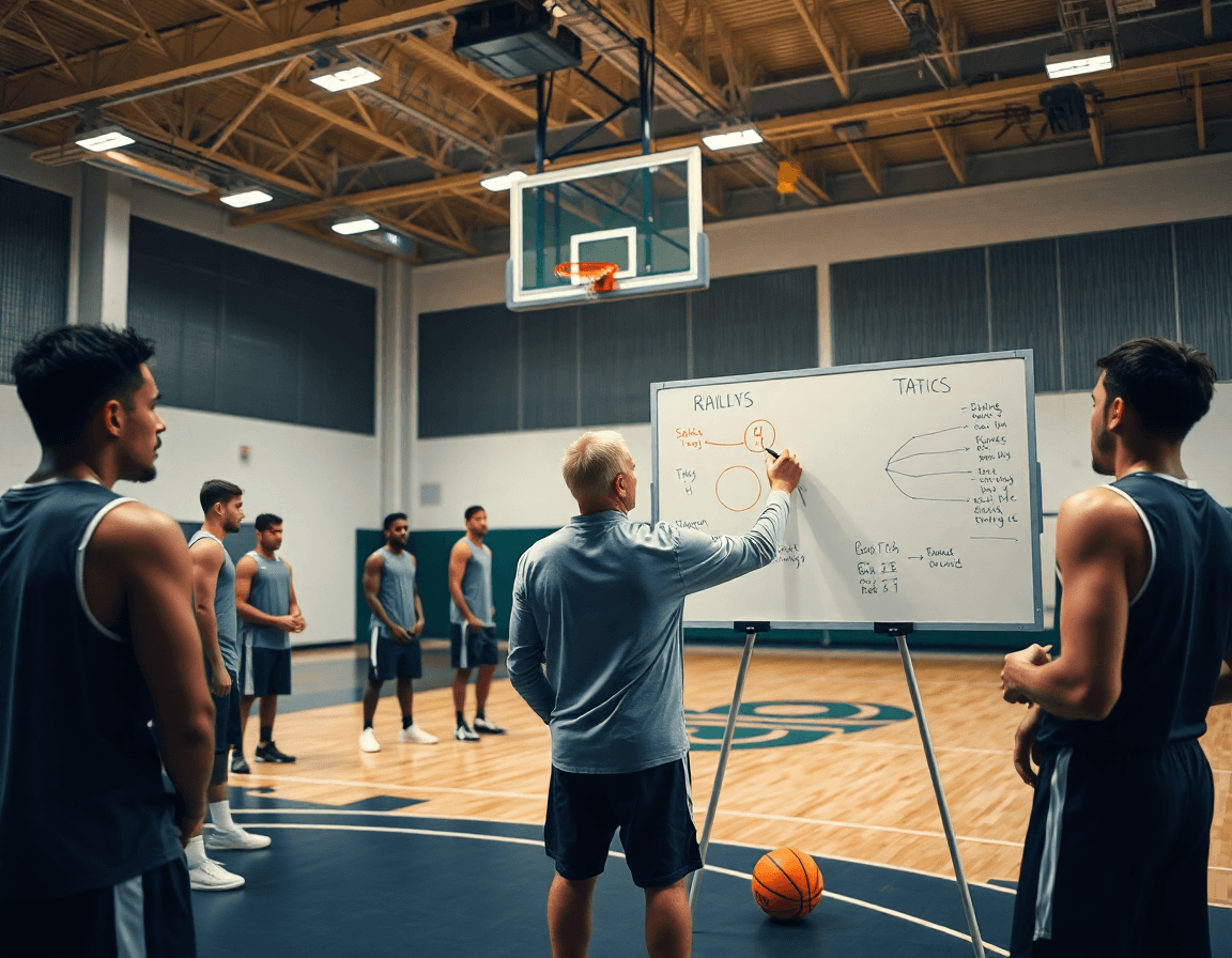 Plan de jeu affiché sur tableau tactique dans le basket u17 coupe du monde, joueurs attentifs.