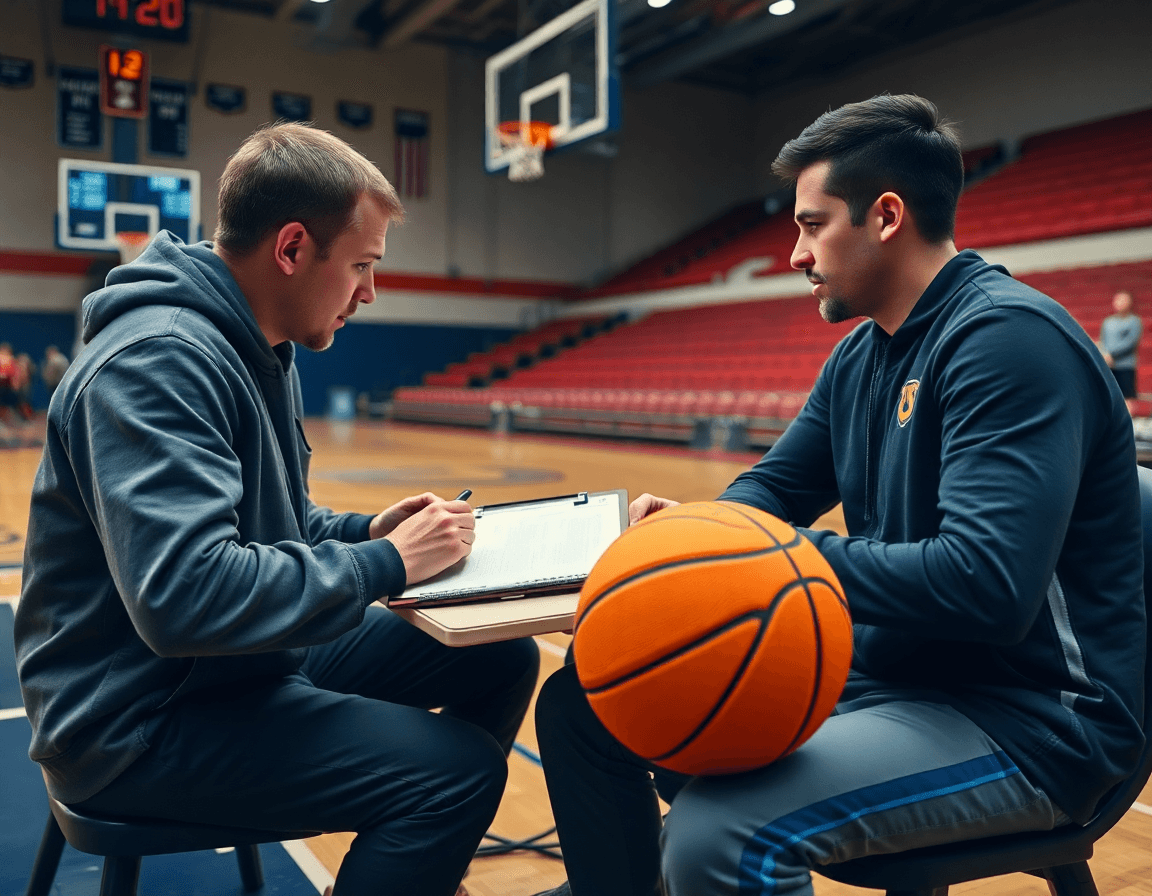 Équipe analyse les rapports de scouting dans le gymnase, basket u17 coupe du monde en préparation.