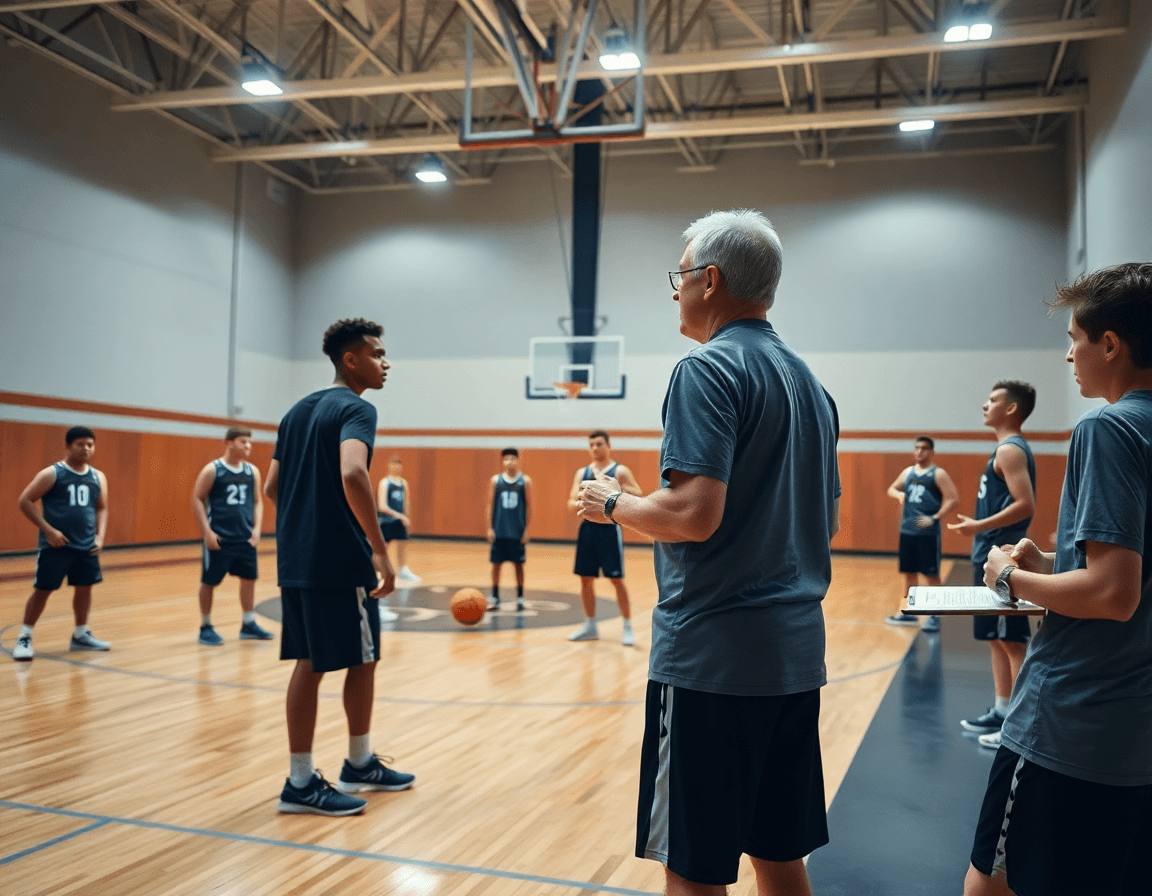 Vue d'un gymnase de basket, coach et joueurs U17 en entraînement basket u17 coupe du monde.