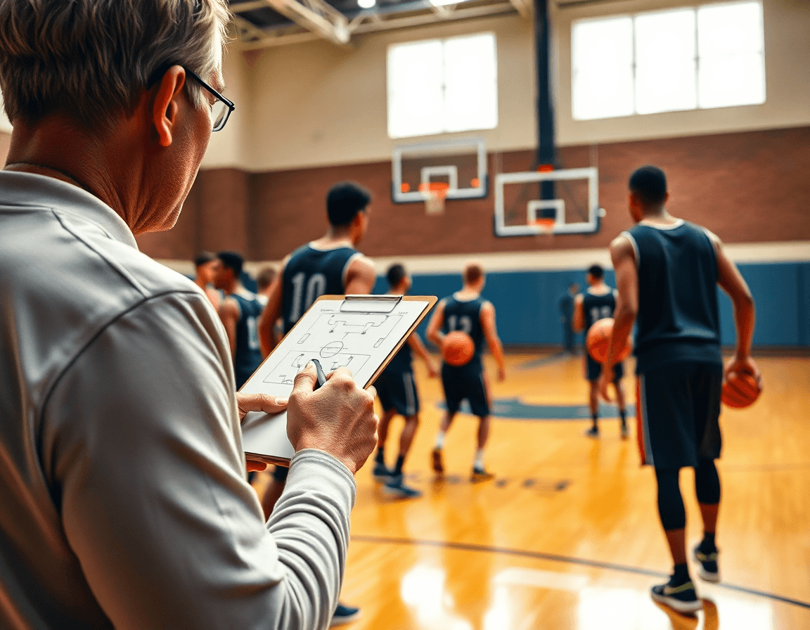 Plan rapproché montrant un coach avec tableau blanc dessinant une action lors d'un entraînement basketball U17.