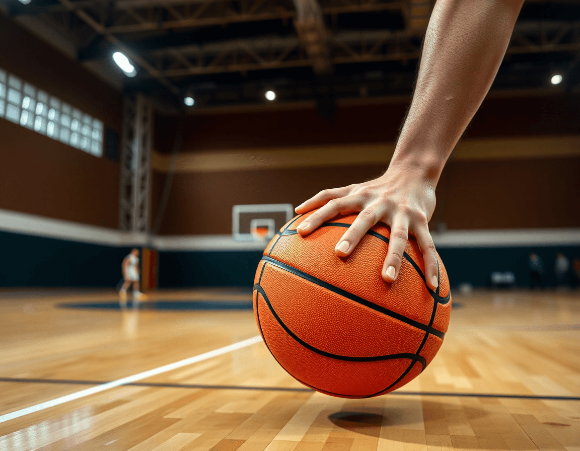 Plan serré sur les mains dribblant un ballon de basketball orange près de la ligne U17.