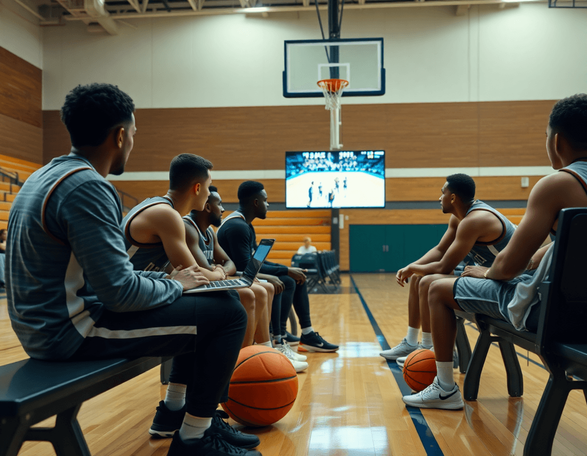 Plan serré sur le coach et les joueurs autour d'un ordinateur portable, regardant un clip basketball et discutant basketball ensemble.