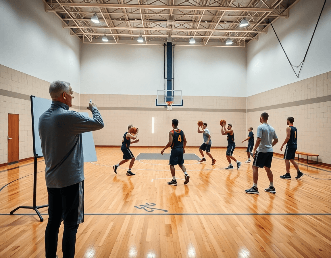 Vue large d'une salle de basketball intérieure, l'équipe basket u17 en plein entraînement sur parquet brillant.