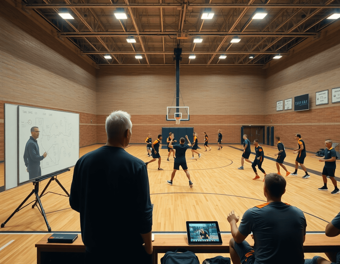 Vue d'ensemble du basketball attaque placée pdf en action dans un gymnase, coach et joueurs s'entraînant.