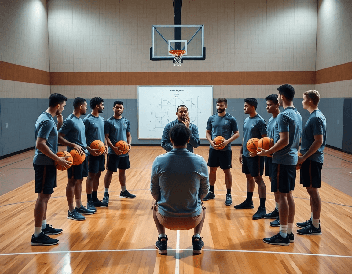 Le coach pointe un tableau tactique sur le parquet, basketball en main lors d'un entraînement.