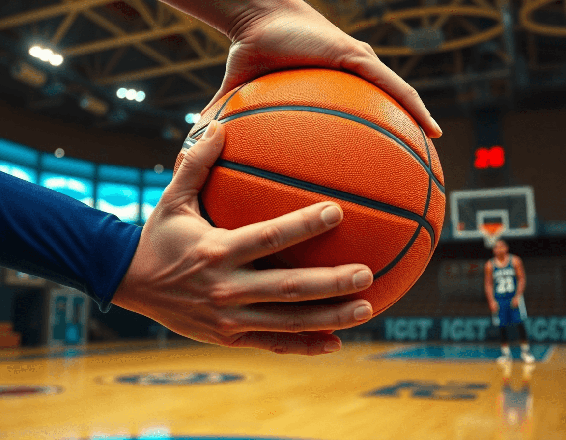 Plan rapproché sur les mains et le basketball orange, défense prête, alors qu'un coéquipier observe le jeu.