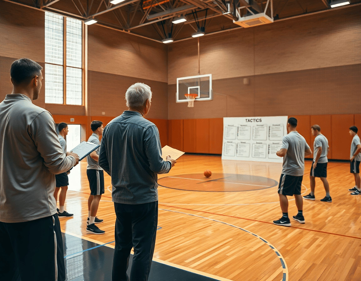 Plan d'entraînement basketball exercice de défense sur un court intérieur, entraîneur et joueurs concentrés durant la séance.