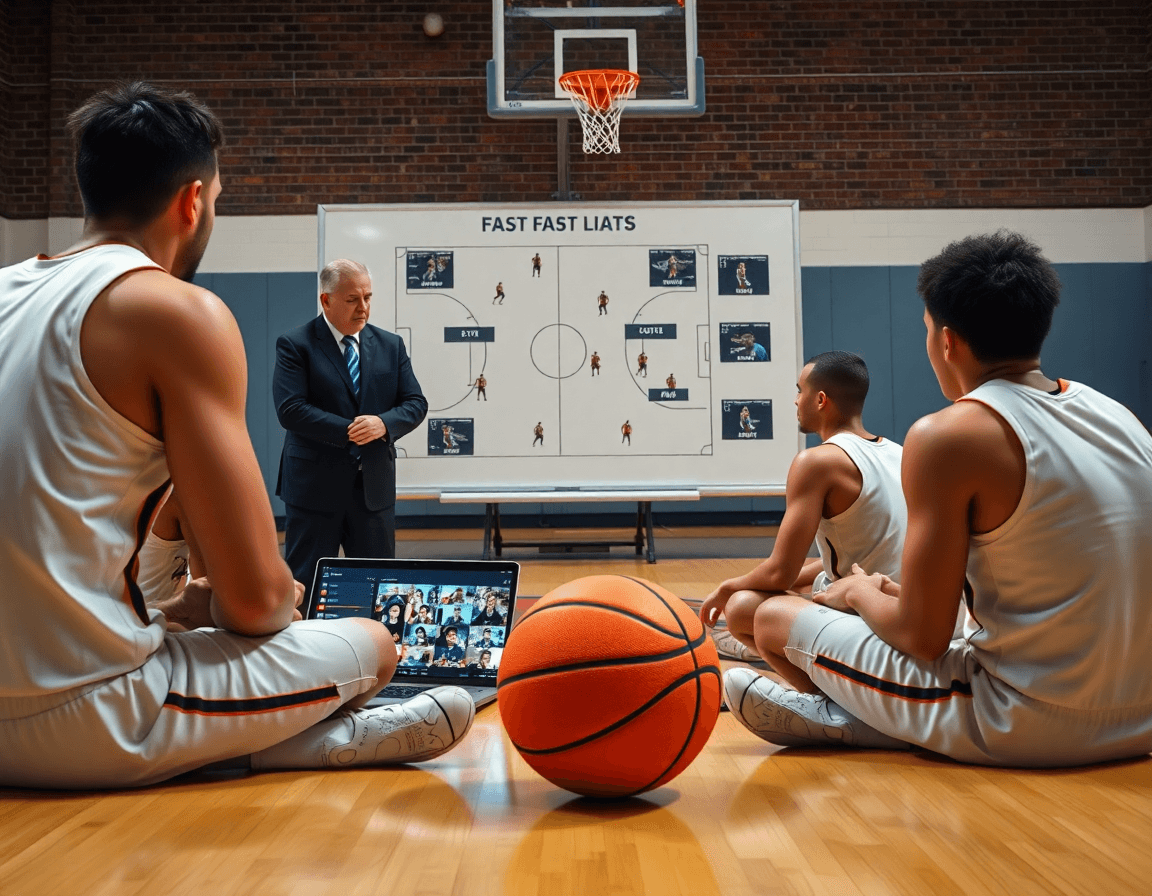 Coach devant tableau tactique et clips vidéo pour basketball exercices jeu rapide, joueurs concentrés.