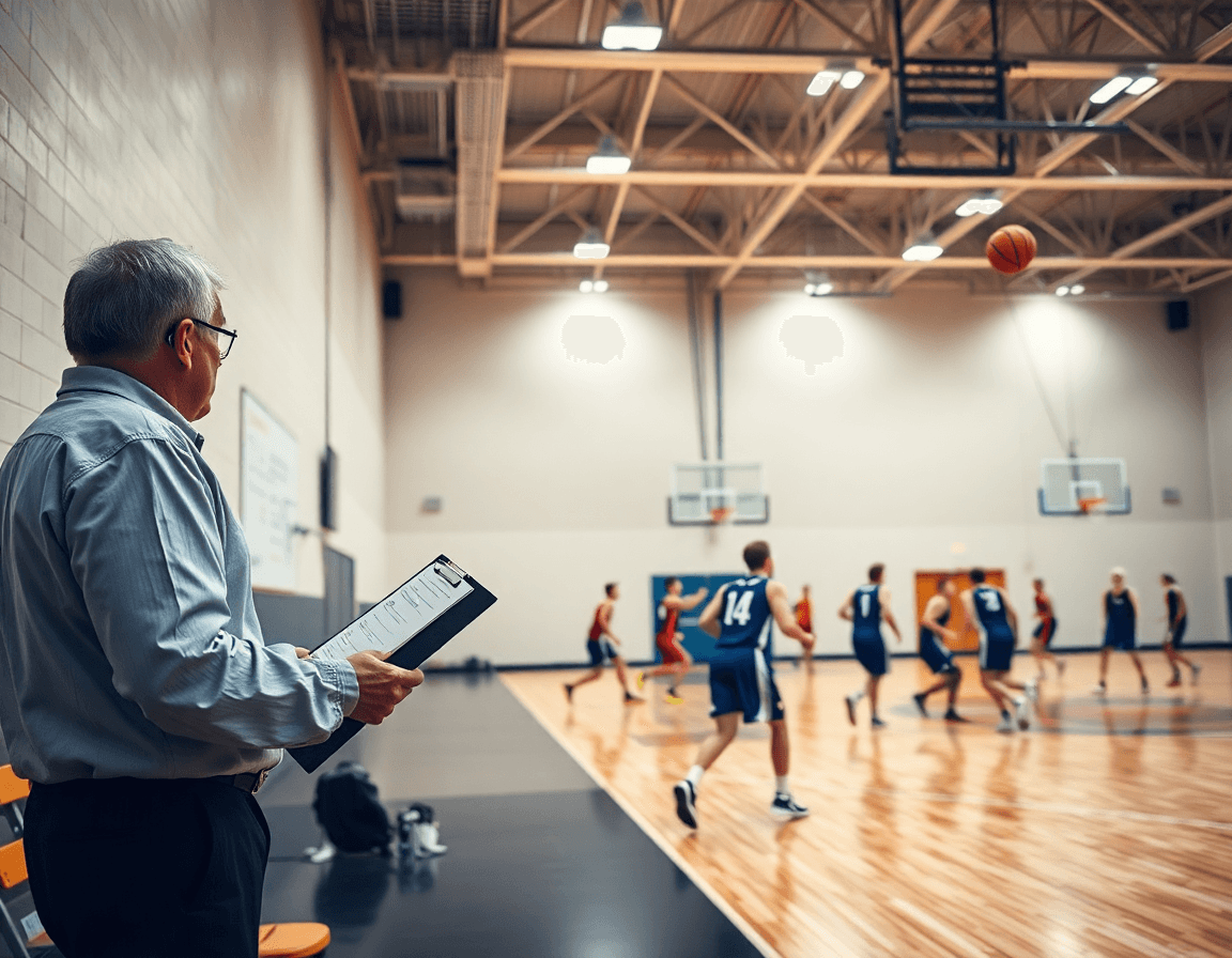 Vue large d'un gymnase de basketball avec un coach guidant l'entraînement basketball exercices jeu rapide.