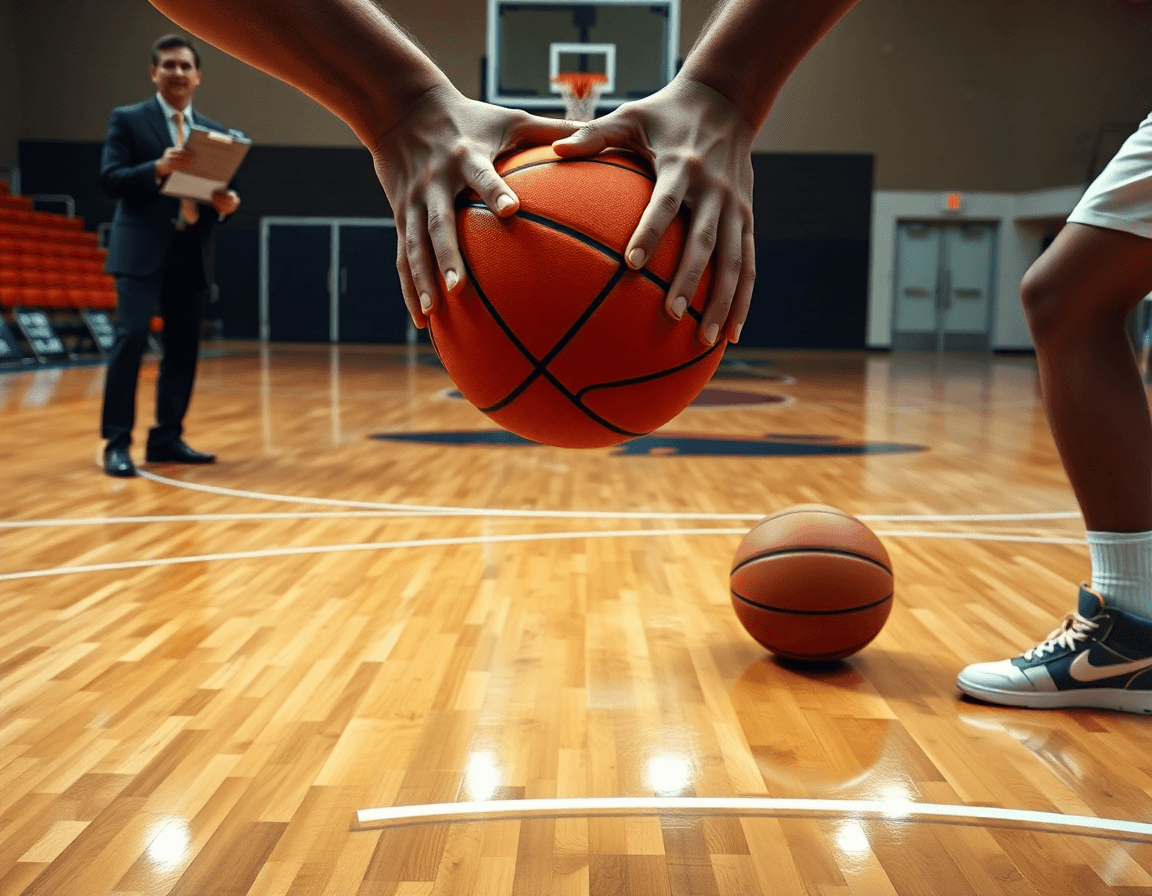 Plan rapproché sur les mains tenant le basketball orange pendant un tir Catch-and-Shoot près de la ligne.