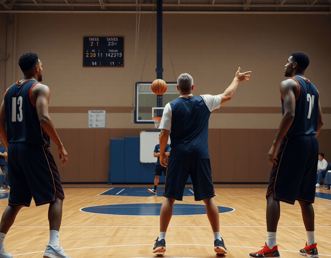 Plan moyen: deux joueurs screen près du panier dans le basketball; le coach pointe le tableau.