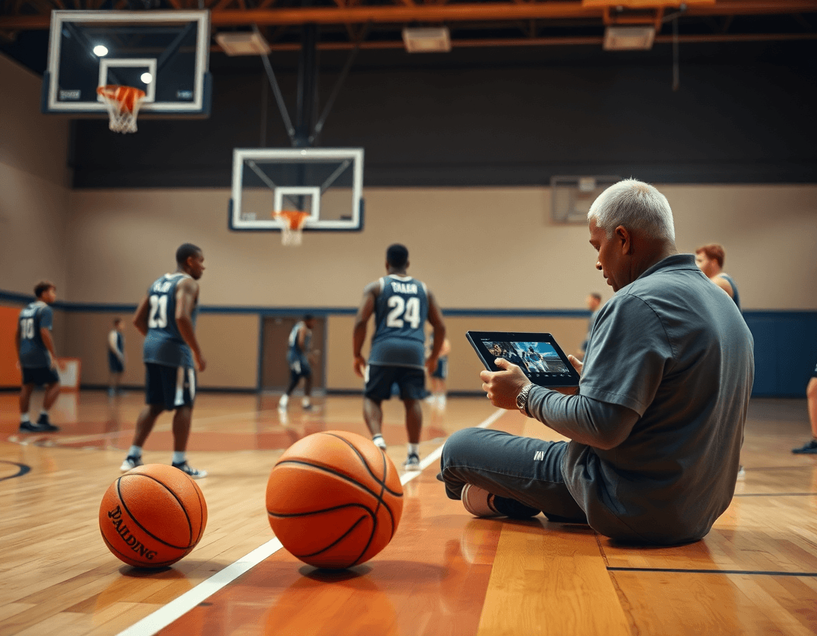 Plan serré sur l'écran tablette montrant des clips de basketball pendant que les joueurs pratiquent.