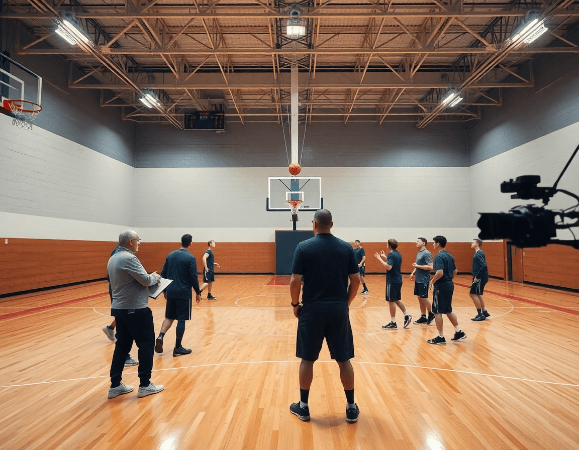 Grand gymnase de basketball exercices shoot: le coach supervise les tirs et la séance.