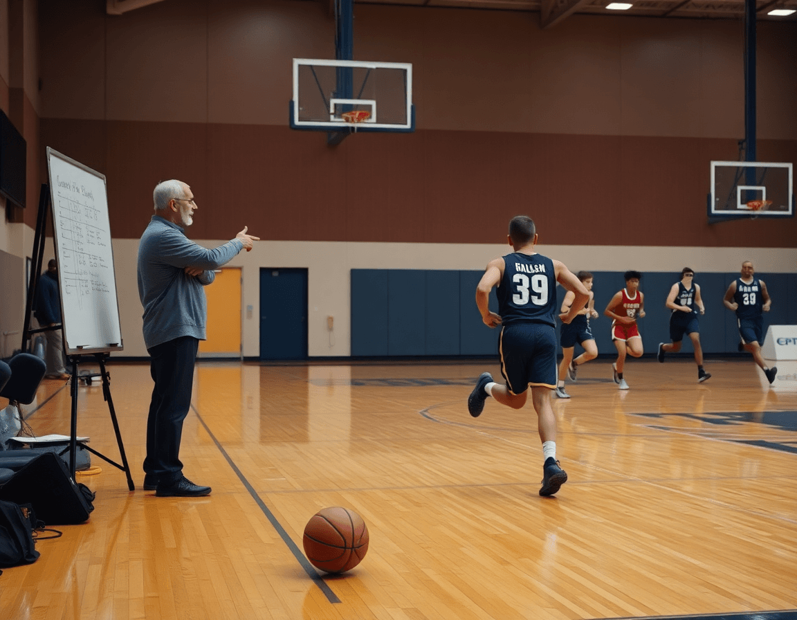 Plan hebdomadaire en action: coach et joueurs sur le terrain de basketball, regards vers le tableau.