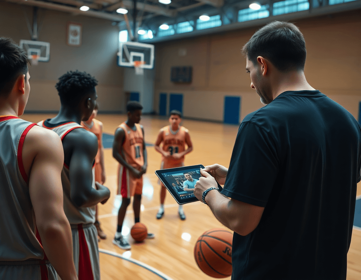 Regard sur les clips basketball: coach et joueurs regardant l'écran, basketball visible.