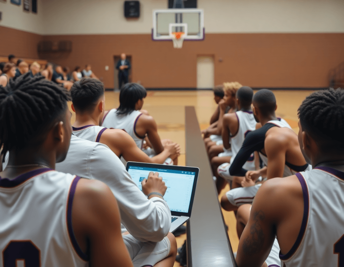 Coach distribue playlists basketball et ressources, joueurs assis près des bancs aujourd'hui.