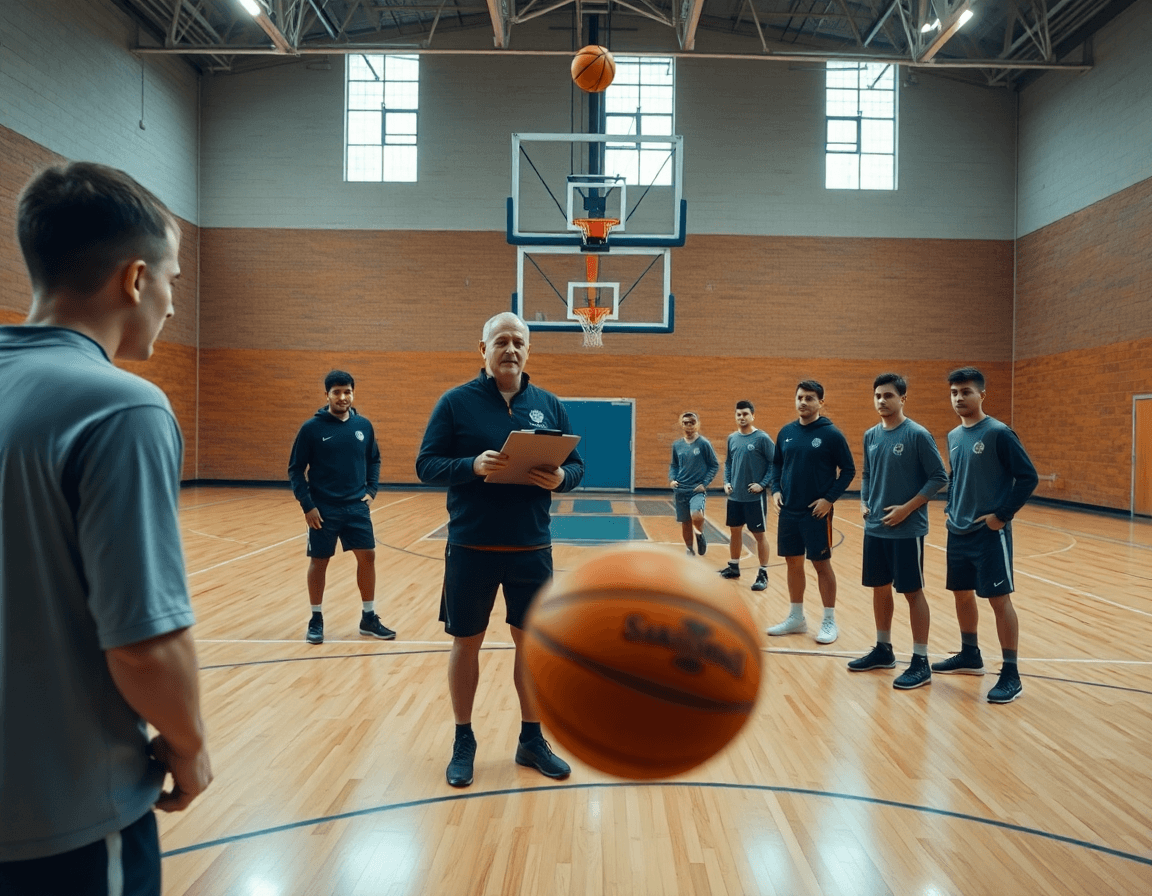Vue panoramique d'un gymnase basketball avec un coach scrutant un tableau et une équipe.