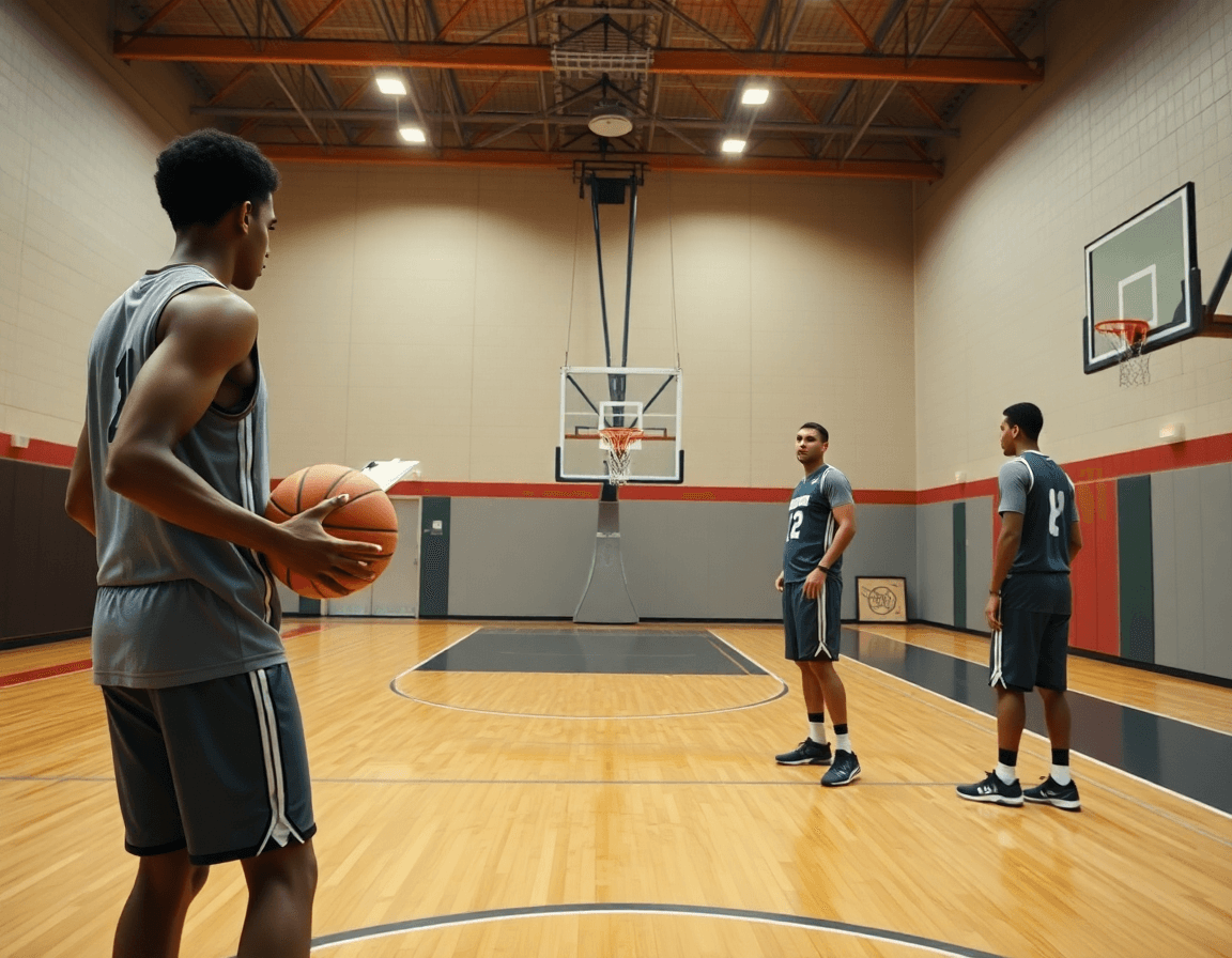 Premier plan sur blob basket en gym, deux joueurs passent un ballon orange sous l'œil du coach.