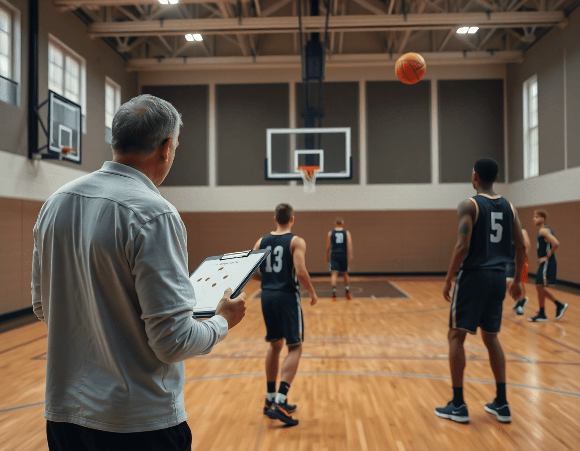 Plan serré sur une remise blob basket en gym, l'entraîneur signe les mouvements pendant que ballons orange attendent.