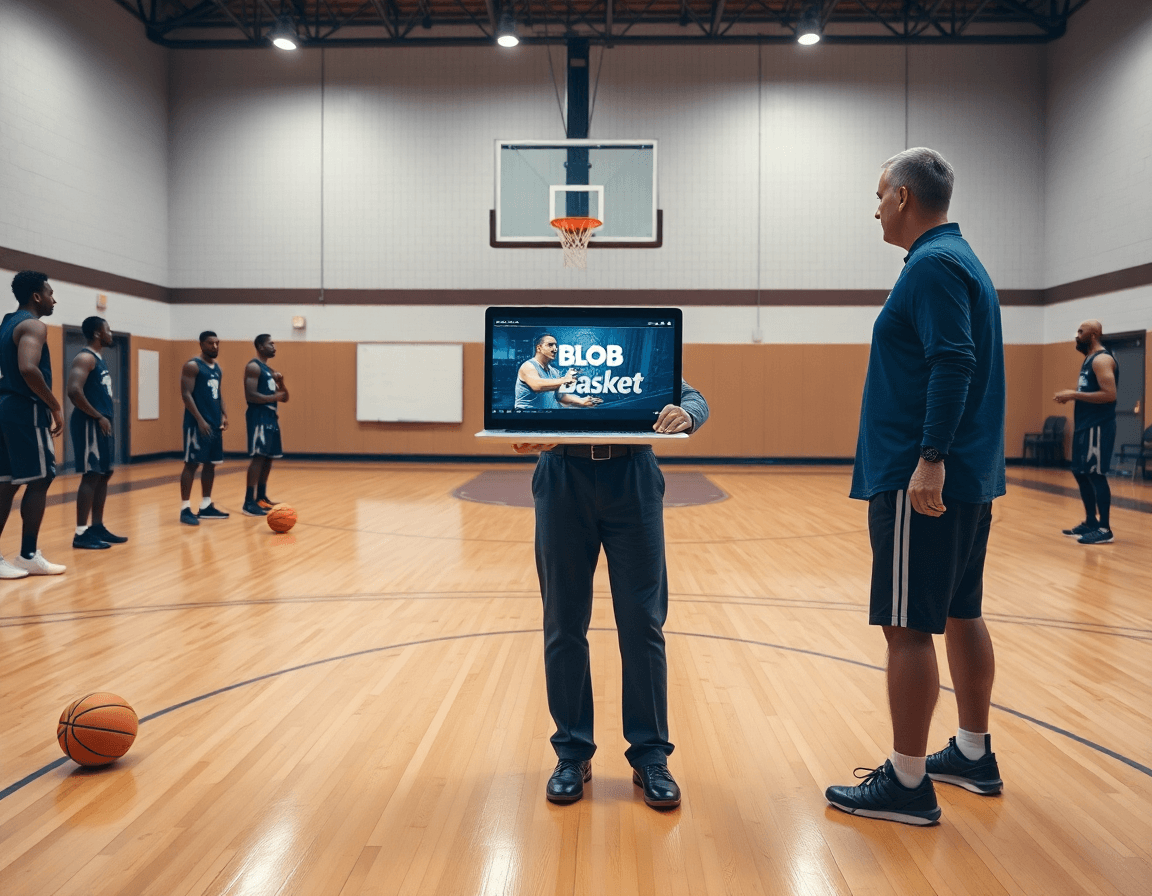 Plan large en gym montrant l'entraîneur près d'un ordinateur affichant des clips blob basket.