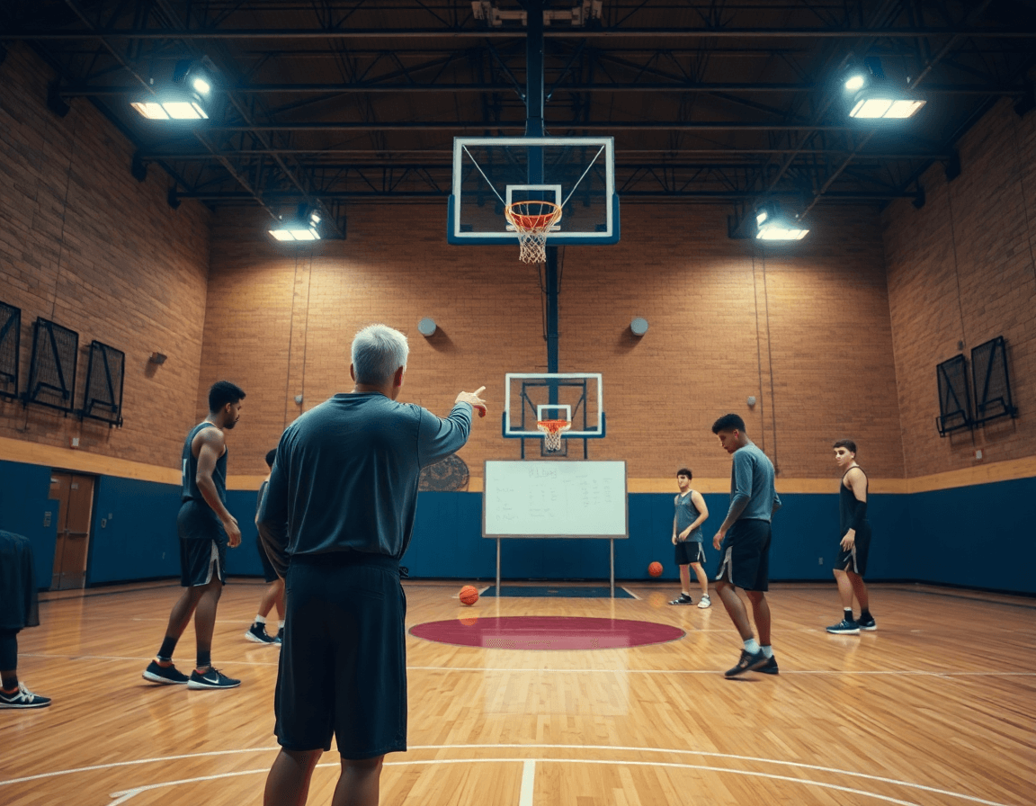 Vue large d'un gymnase de basketball montrant l'équipe et l'entraîneur en plein entraînement blob basket sur parquet.