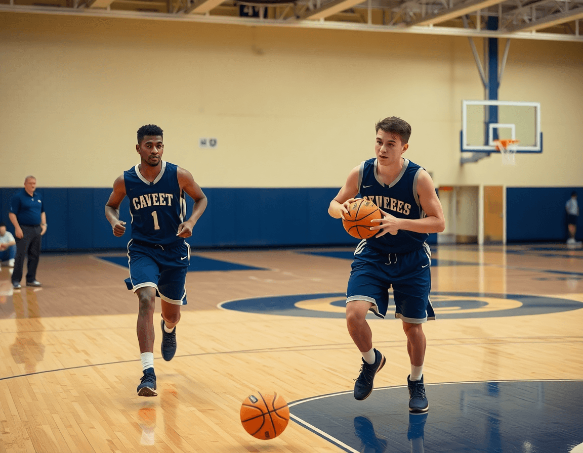 Cadet basket quel age et les mains sur le ballon, joueur en geste dynamique.