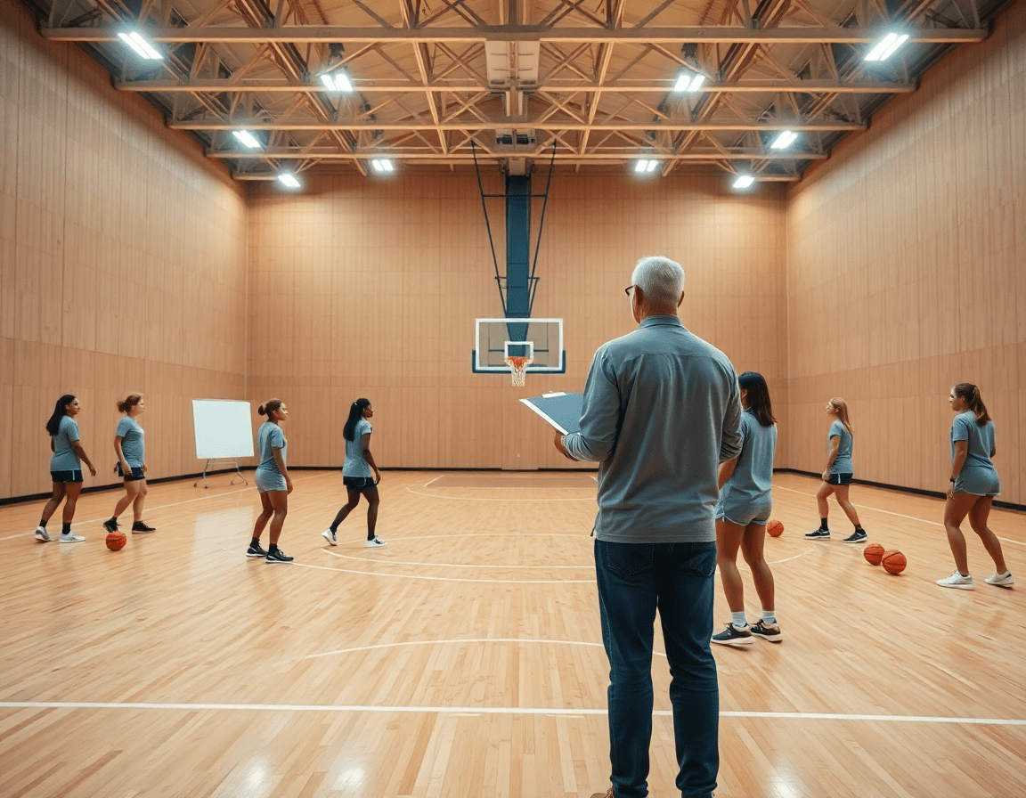 Plan d'ensemble d'un club de basket féminin débutant en plein entraînement dans un gymnase lumineux.