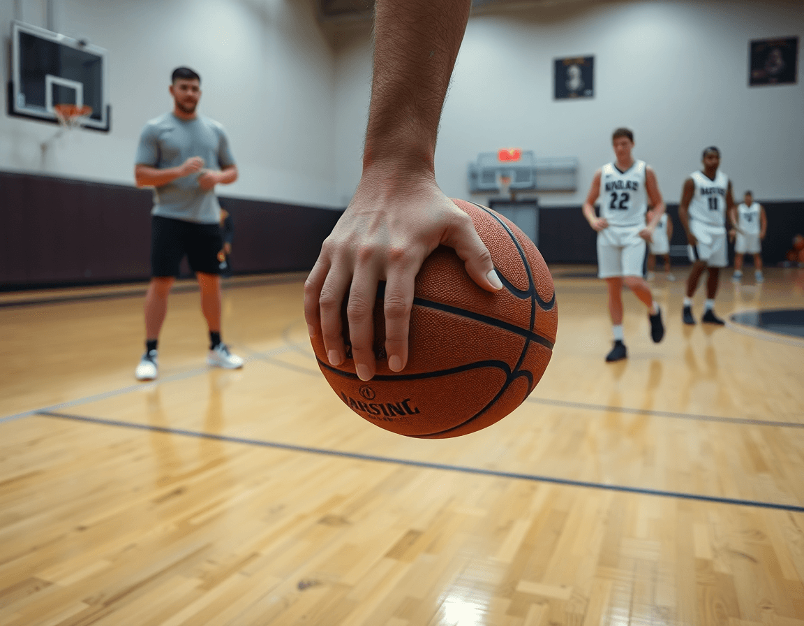 Gros plan sur les mains tenant le ballon pendant un exercice sur court en béton.