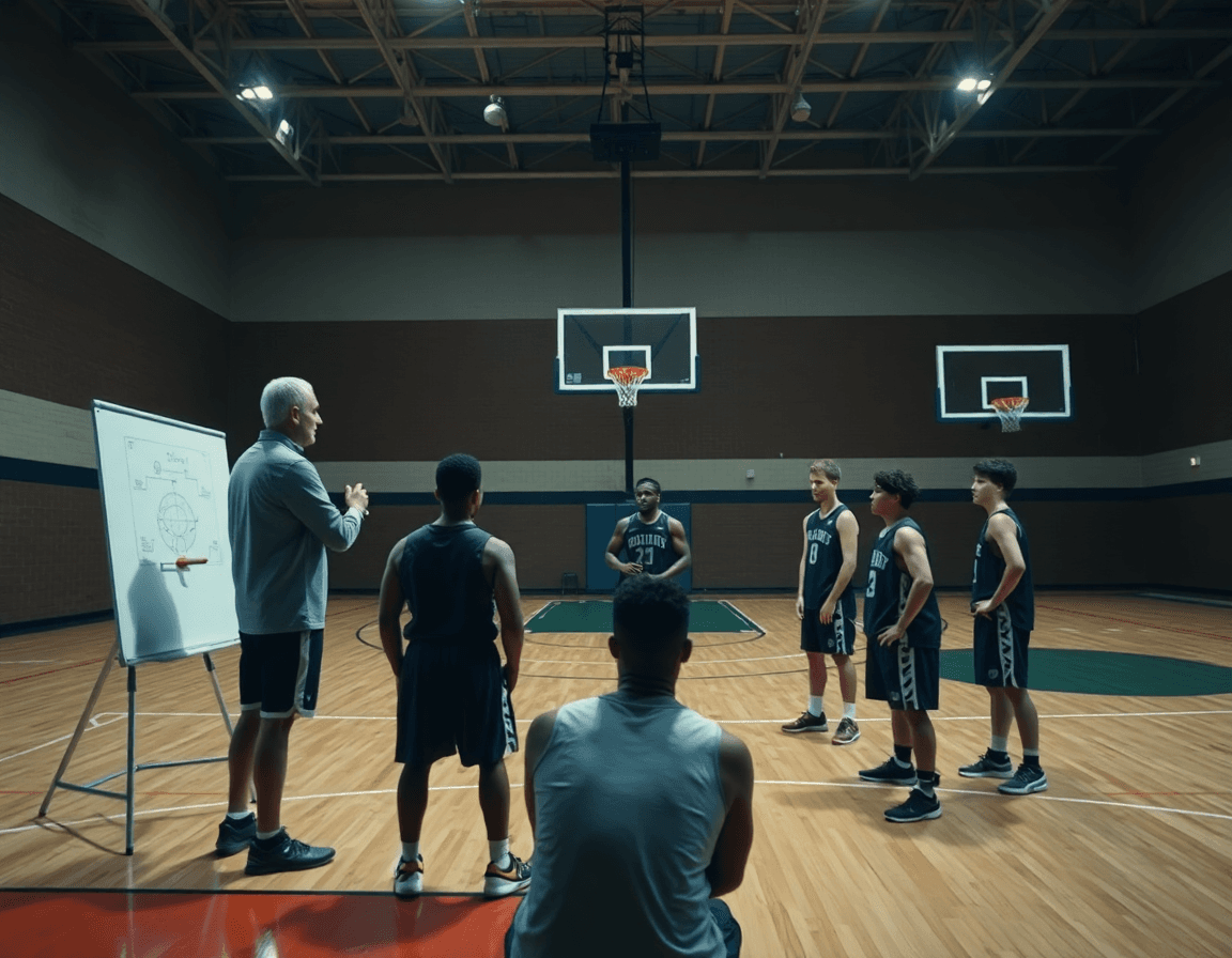 Le coach basket dessine une action sur le tableau blanc tandis que les joueurs écoutent.