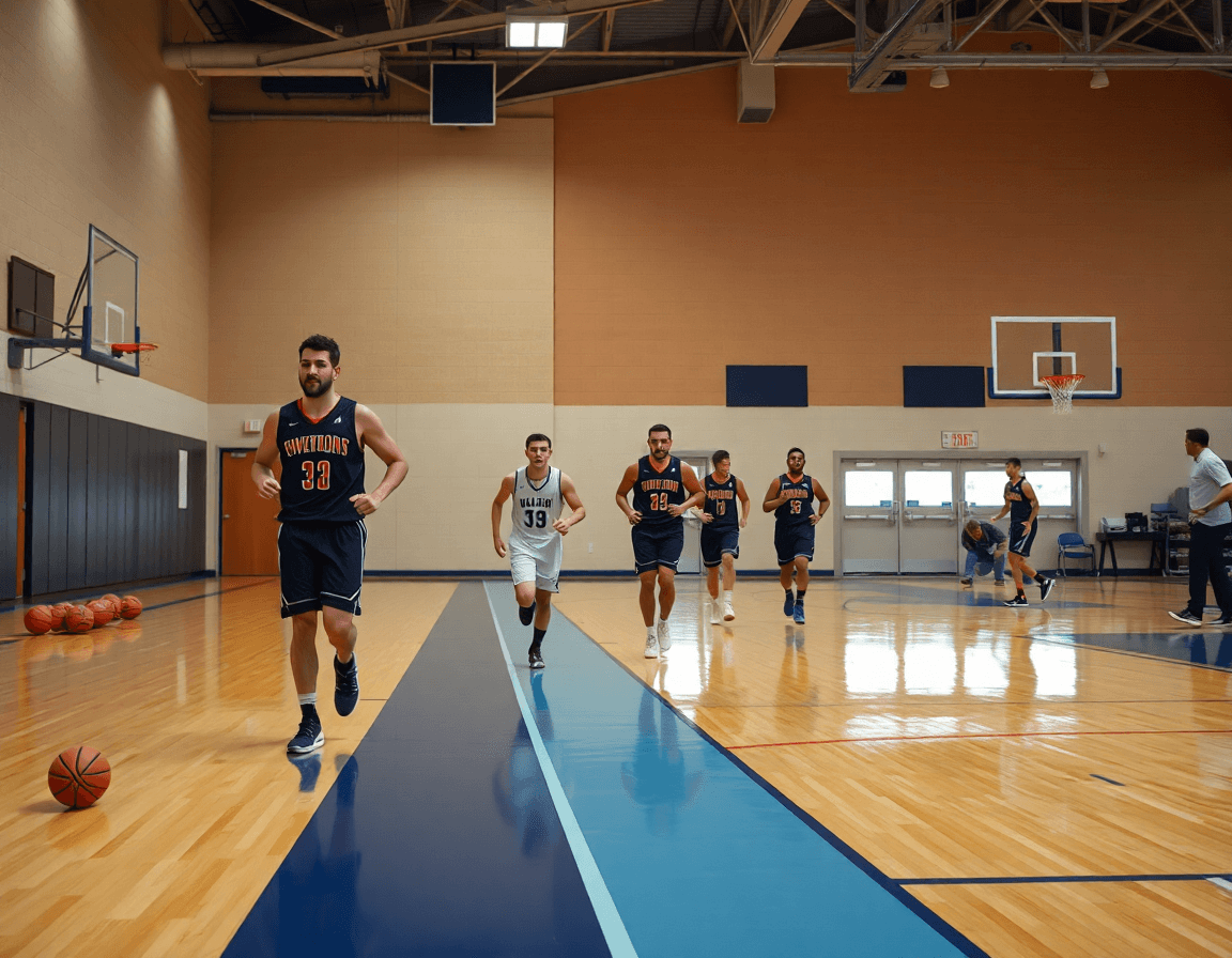 Groupe de joueurs courant le long de la ligne de fond sur le parquet éclairé, baskets claquantes.
