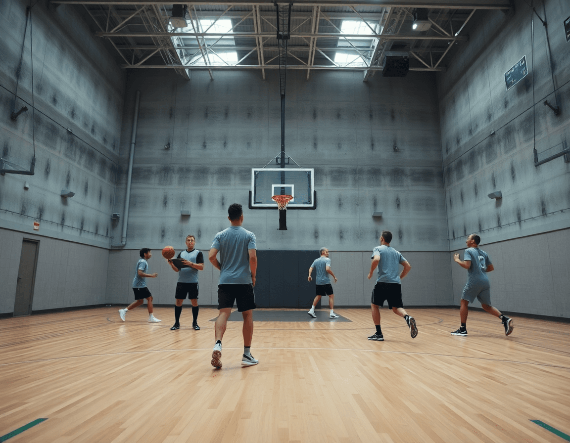Vue panoramique d'un gymnase de basket avec le coach basket dirigeant l'entraînement d'équipe.