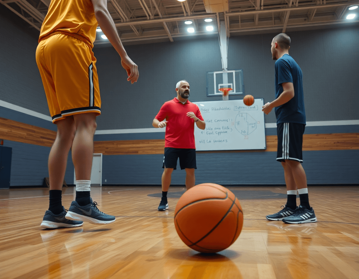Des passes rapides exécutées par l'équipe pendant l'entraînement, le coach basketball supervise.