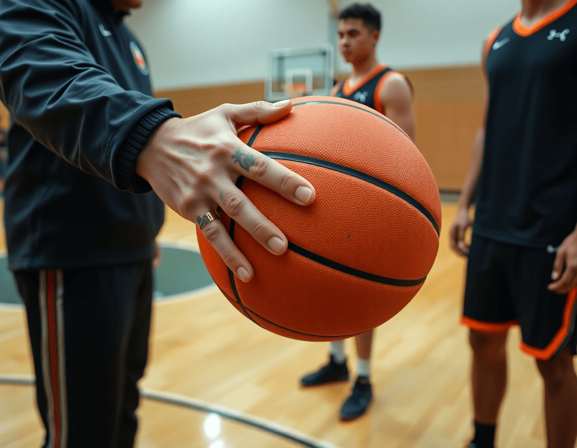 Plan rapproché sur les mains tenant l'orange basketball pendant que le coach basketball guide l'action sur le parquet.
