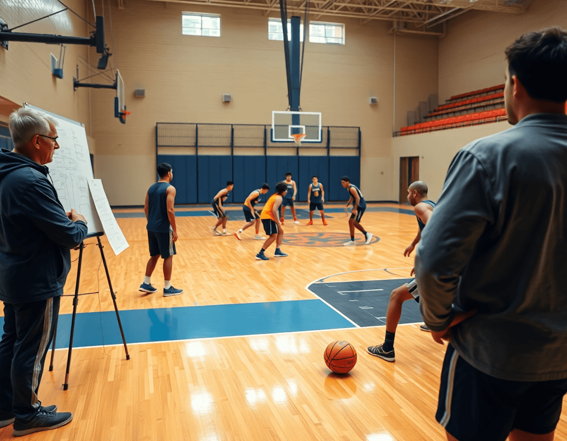Le coach basketball explique un schéma sur tableau tactique pendant que l'équipe s'entraîne sur le terrain de basketball.