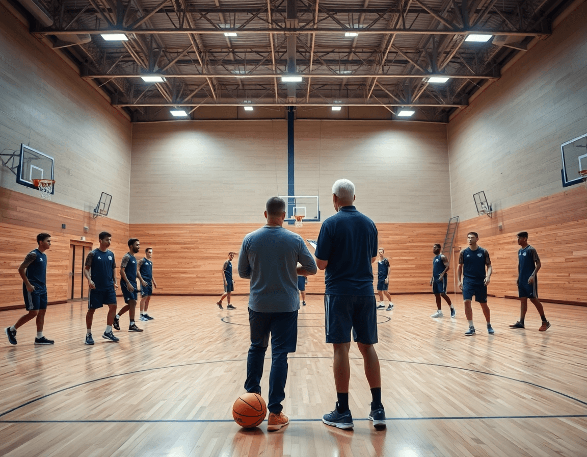 Vue large d'une séance de basketball en salle où le coach basketball dirige l'équipe.